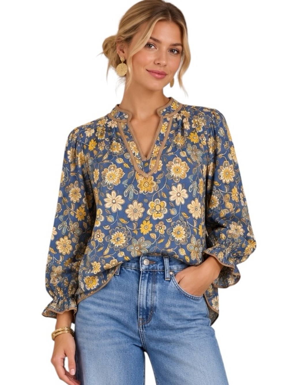 Umgee Blue Floral V- Neck Balloon Ruffle Sleeve Top